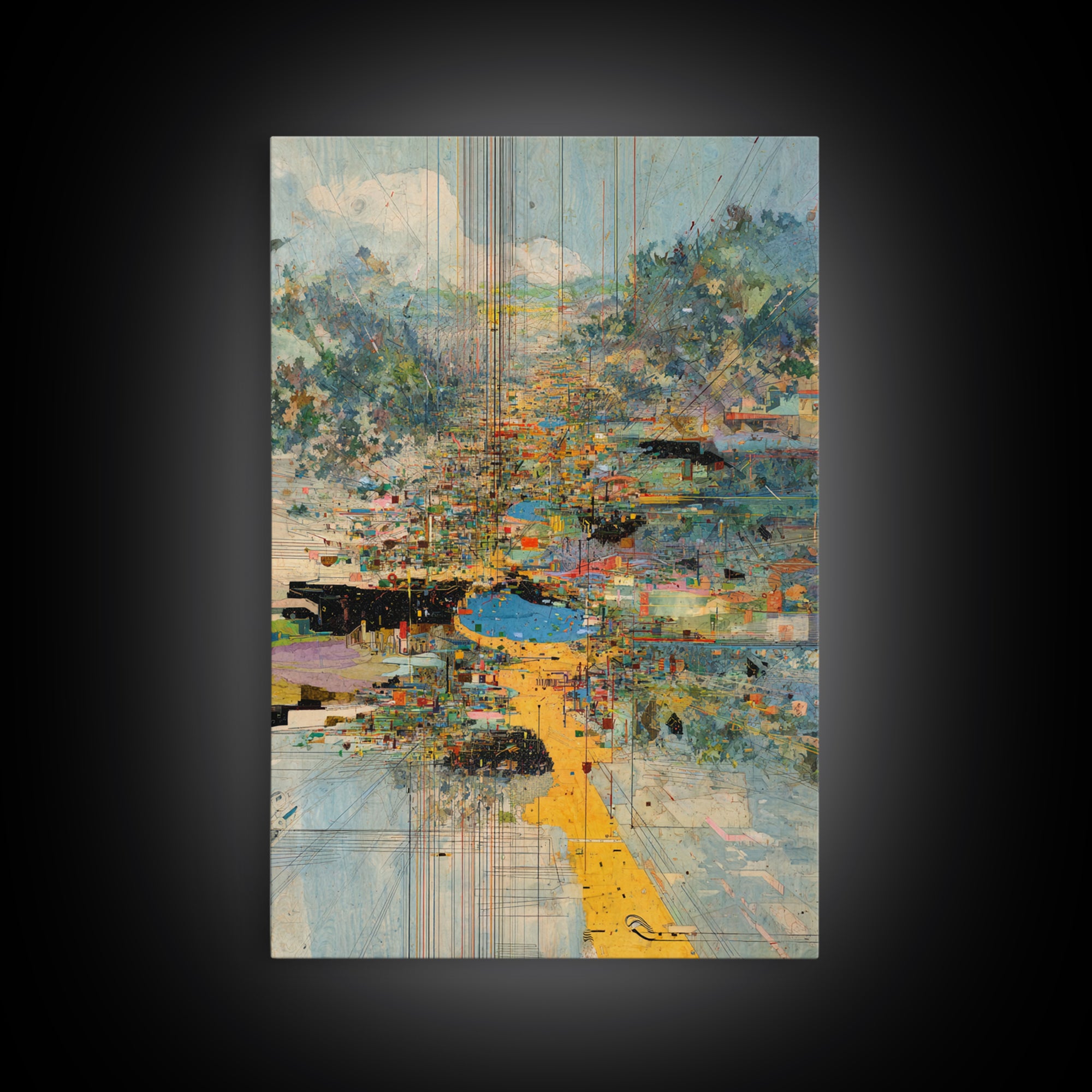 Abstract Riverside City With Golden Path Wall Art, Modern African Inspired Landscape Canvas Print, Colorful Home Decor Gift