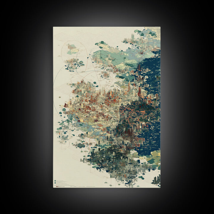 Abstract Coastal City Map In Teal And Indigo Canvas Print, Modern African Inspired Wall Art, Geometric Urban Home Decor Gift
