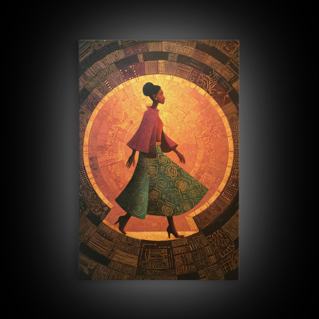 Elegant African Woman In Green Patterned Skirt Wall Art, Golden Halo Canvas Print, Afrocentric Black Beauty Home Decor Gift