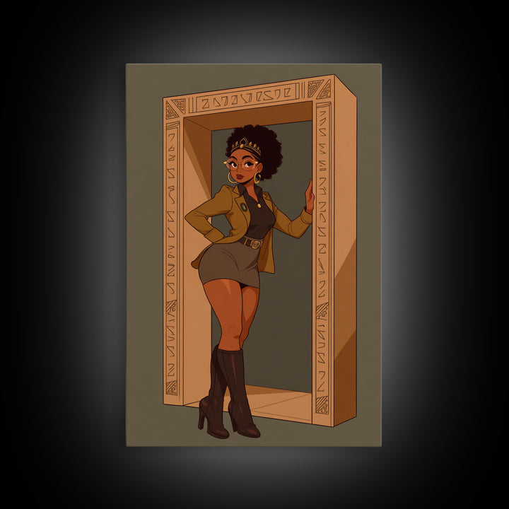 Stylish Black Queen In Carved Doorway Canvas Print, African American Comic Wall Art, Empowered Woman Fashion Home Decor Gift