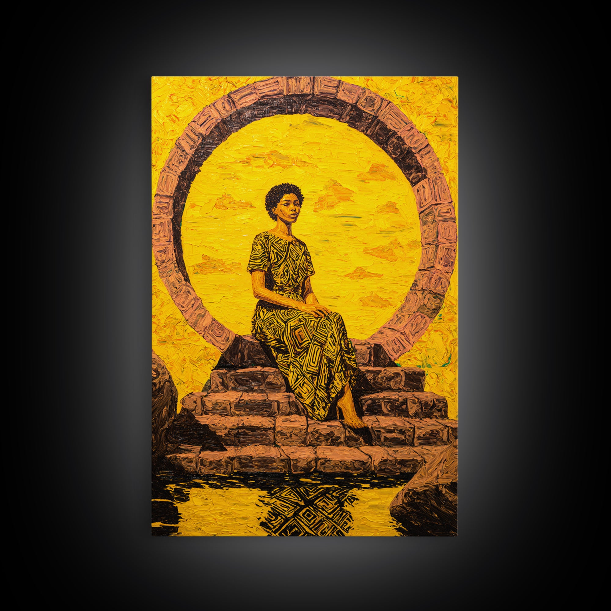 Golden African Woman By Sacred Stone Arch Canvas Print, Afrocentric Wall Decor, Black Queen Portrait, Ankara Home Decor Gift
