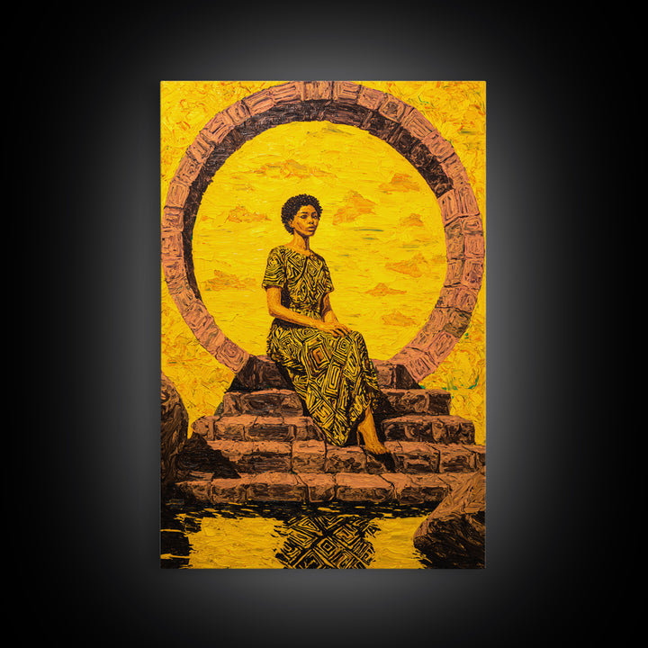 Golden African Woman By Sacred Stone Arch Canvas Print, Afrocentric Wall Decor, Black Queen Portrait, Ankara Home Decor Gift