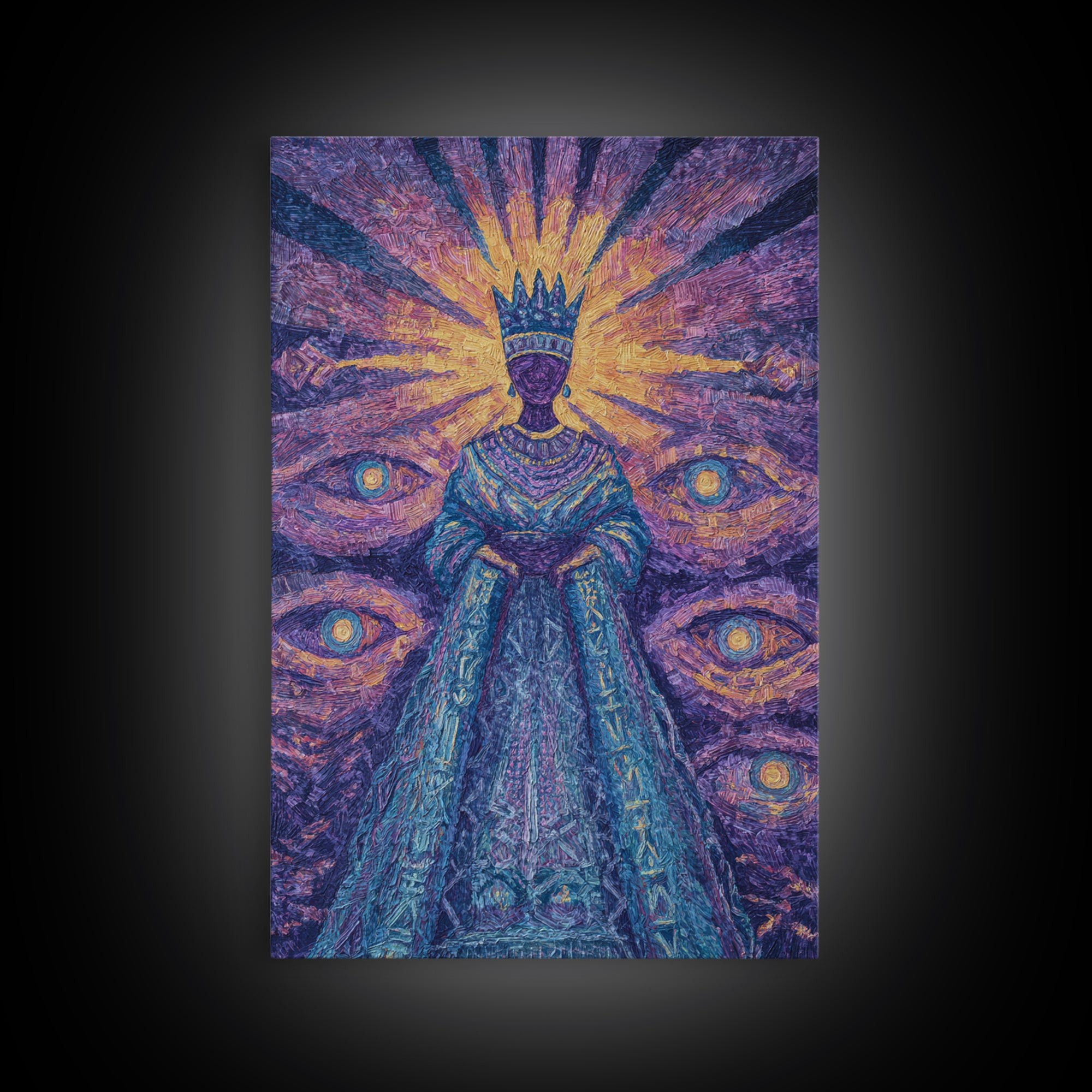Mystical African Queen With Radiant Eyes Framed Canvas Print, Afrocentric Wall Art, Black Goddess Portrait, Spiritual Decor