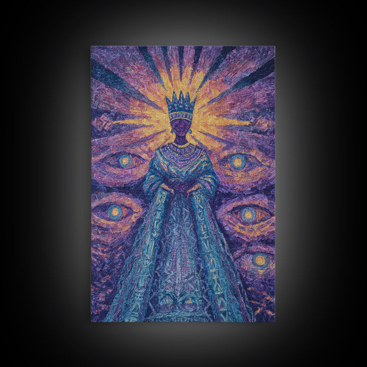 Mystical African Queen With Radiant Eyes Framed Canvas Print, Afrocentric Wall Art, Black Goddess Portrait, Spiritual Decor
