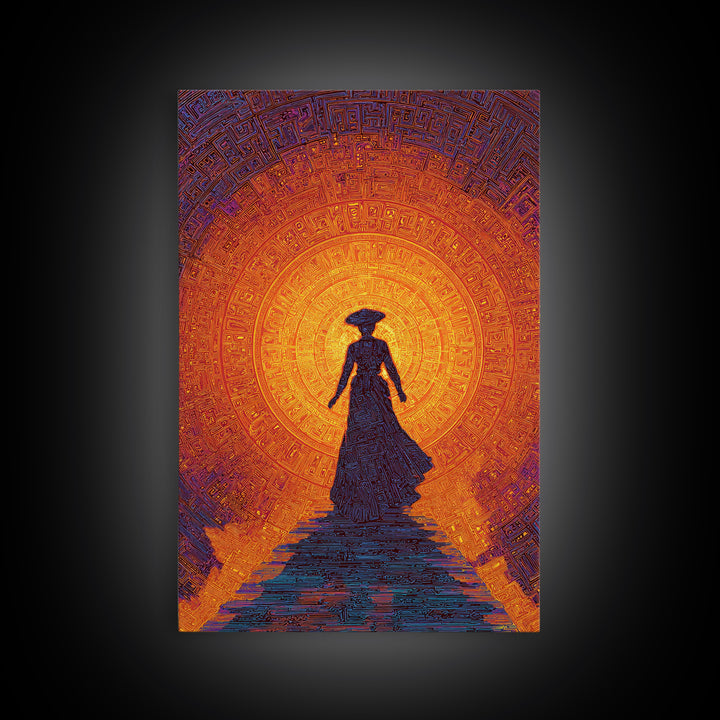 Silhouette Woman Before Sun Mandala Canvas Print, African Inspired Wall Decor, Burnt Orange Art, Feminine Spiritual Gift