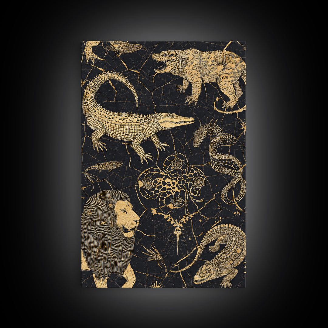 Gold Engraved Safari Animals Wall Art, African Animal Art, Tribal Wildlife Decor, Lion Crocodile Snake Canvas Print Style