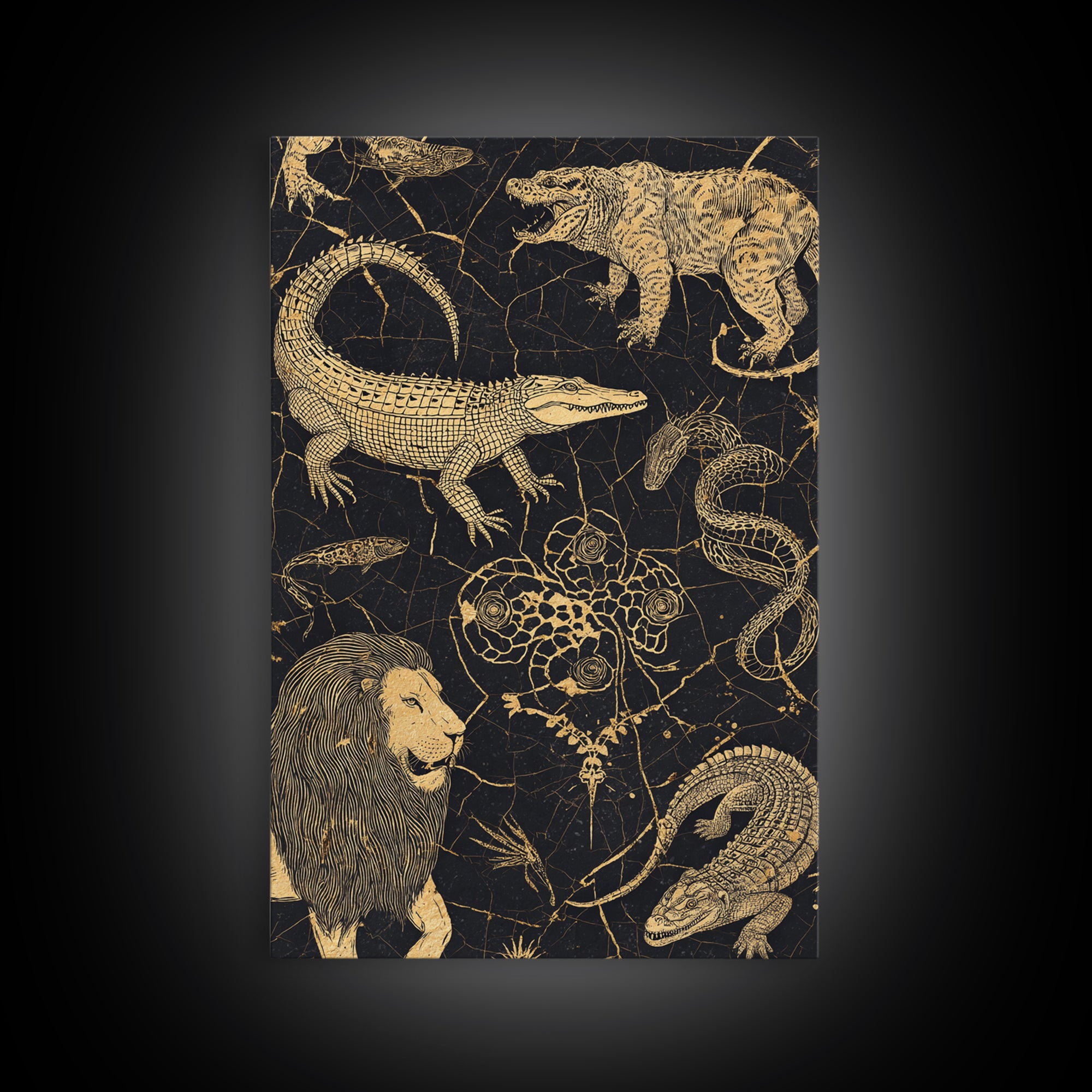 Gold Engraved Safari Animals Wall Art, African Animal Art, Tribal Wildlife Decor, Lion Crocodile Snake Canvas Print Style