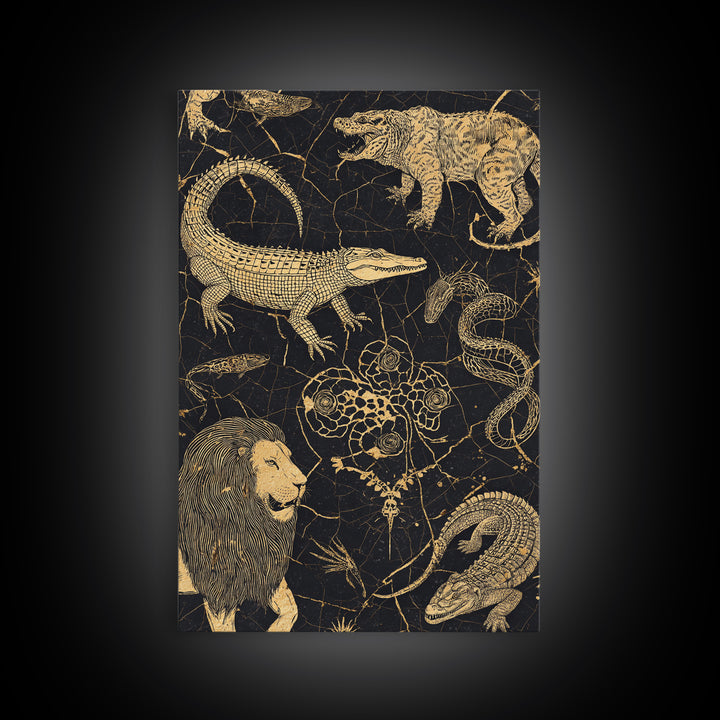 Gold Engraved Safari Animals Wall Art, African Animal Art, Tribal Wildlife Decor, Lion Crocodile Snake Canvas Print Style