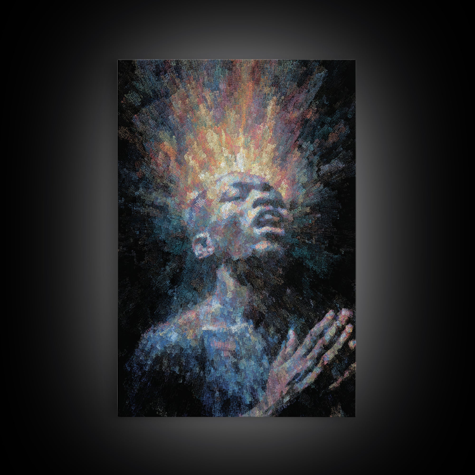 Praying Black Man With Radiant Spirit Framed Canvas Print, African American Art, Afrocentric Wall Decor, Meditation Gift