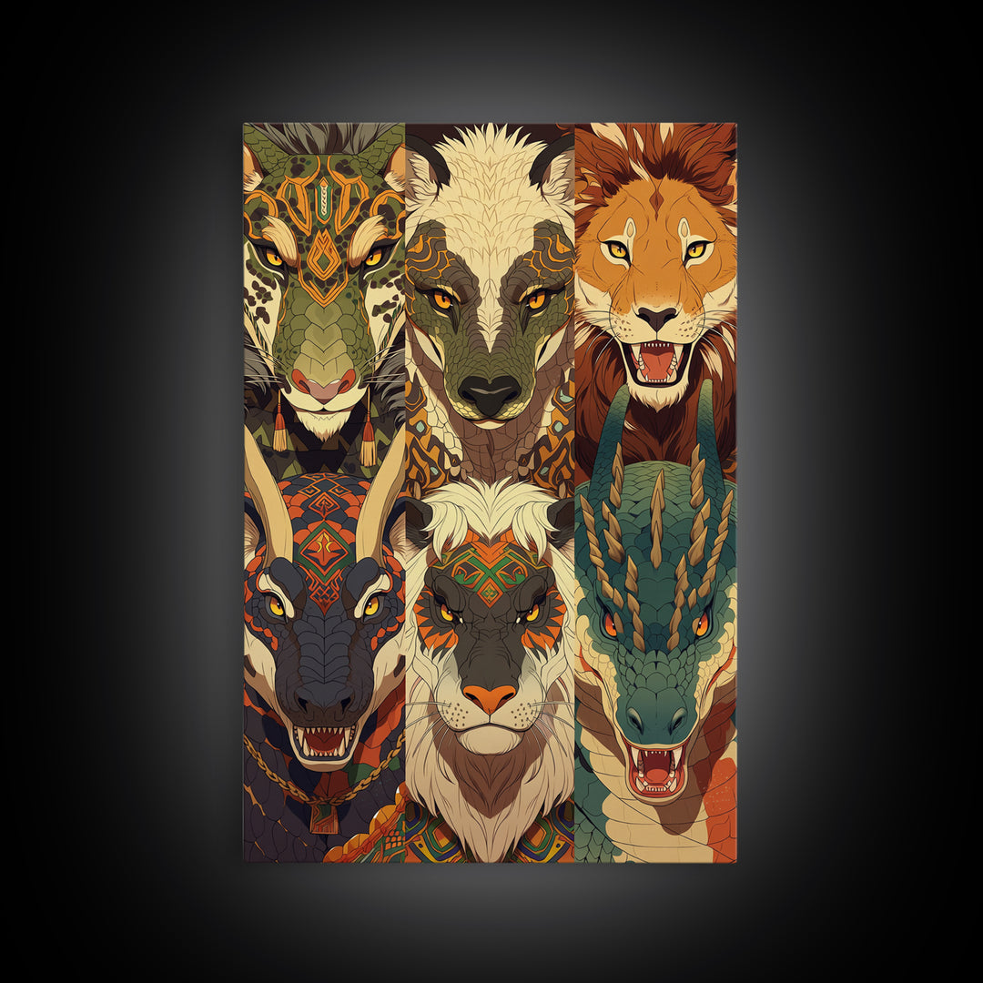 Six Tribal Safari Animal Totems Canvas Print, African Inspired Wall Decor, Lion Elephant Giraffe Dragon, Bold Home Decor