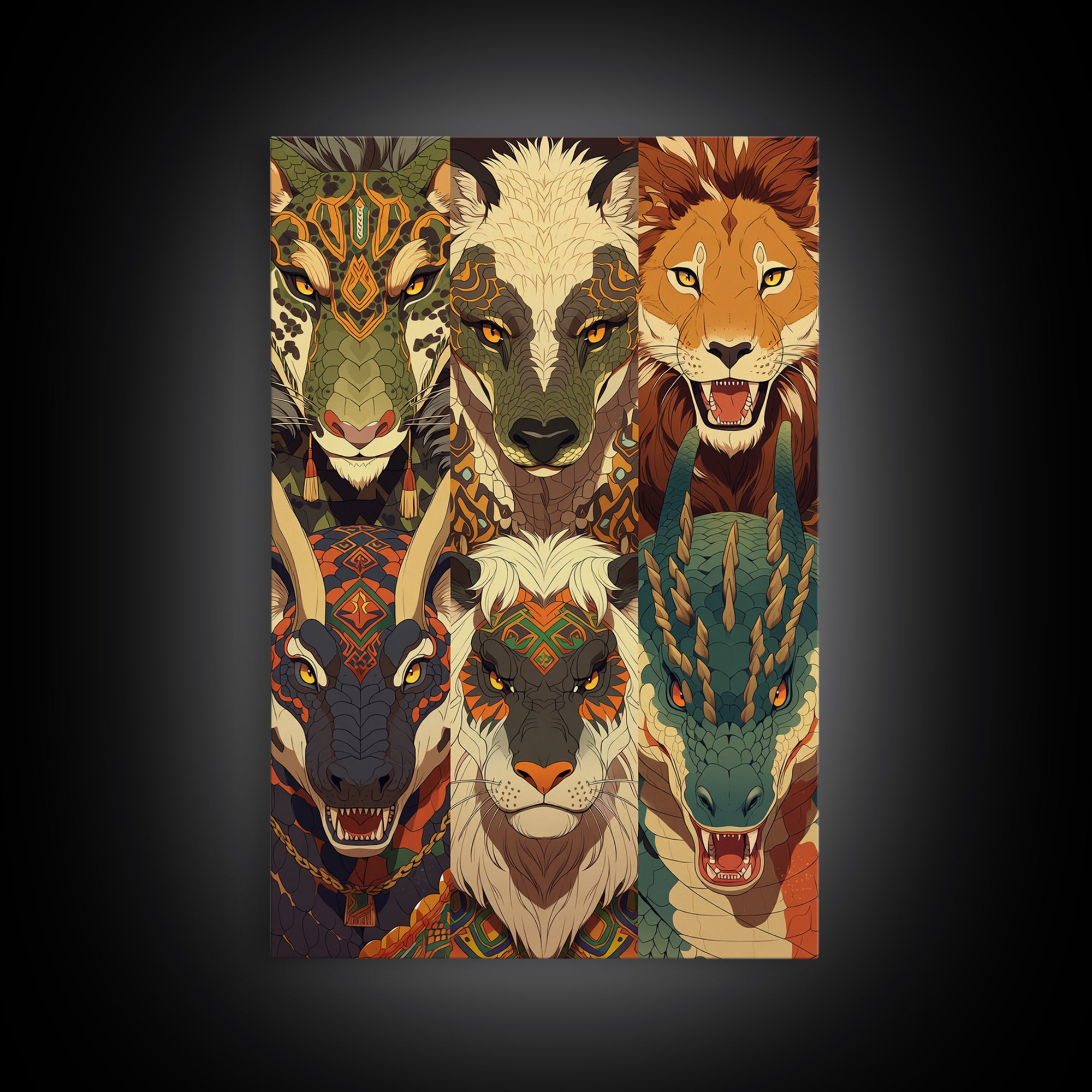 Six Tribal Safari Animal Totems Canvas Print, African Inspired Wall Decor, Lion Elephant Giraffe Dragon, Bold Home Decor