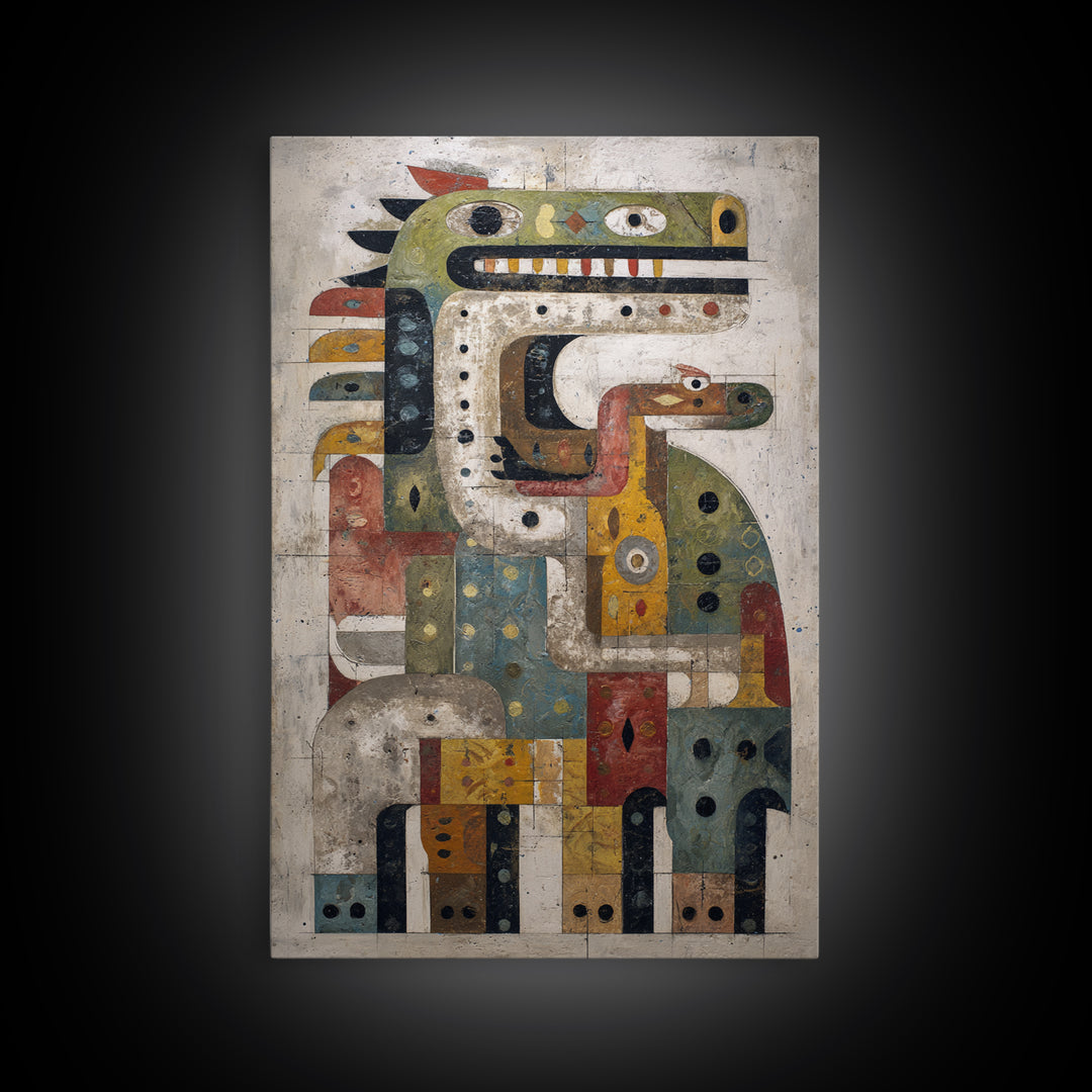 Geometric Tribal Bird Creature Canvas Print, Abstract African Art, Ethnic Wall Decor, Modern Cubism For Boho Home Decor Gift