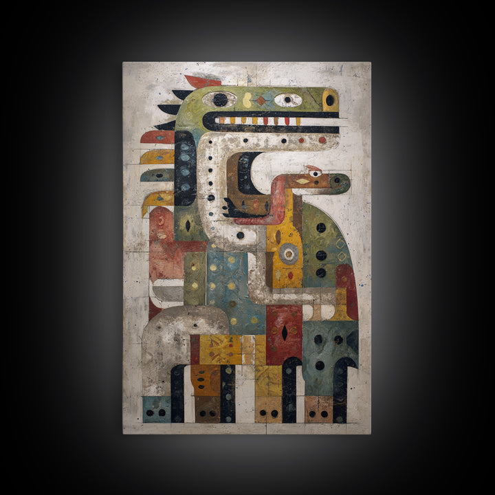 Geometric Tribal Bird Creature Canvas Print, Abstract African Art, Ethnic Wall Decor, Modern Cubism For Boho Home Decor Gift