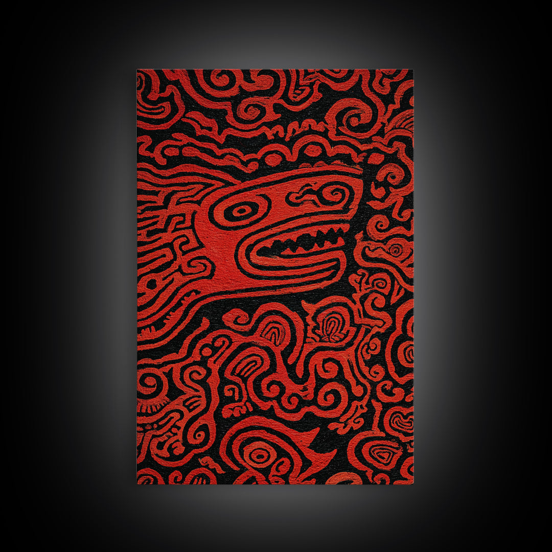 Red Tribal Lizard Pattern Wall Art, African Abstract Textile Art, Bold Ethnic Decor, Modern Black And Red Canvas Design Gift