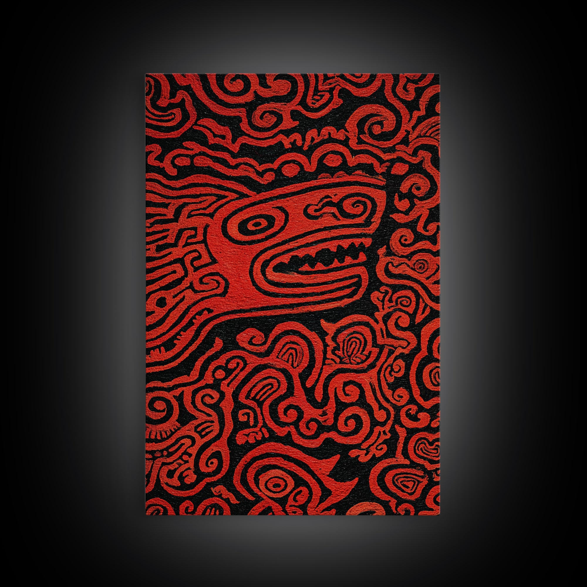 Red Tribal Lizard Pattern Wall Art, African Abstract Textile Art, Bold Ethnic Decor, Modern Black And Red Canvas Design Gift