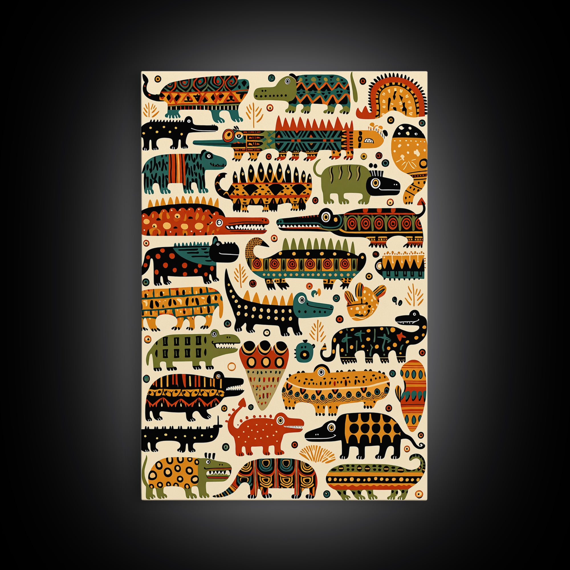 Whimsical Crocodile Pattern Canvas Print, Colorful African Animal Art, Kids Room Wall Decor, Tribal Safari Nursery Art Gift