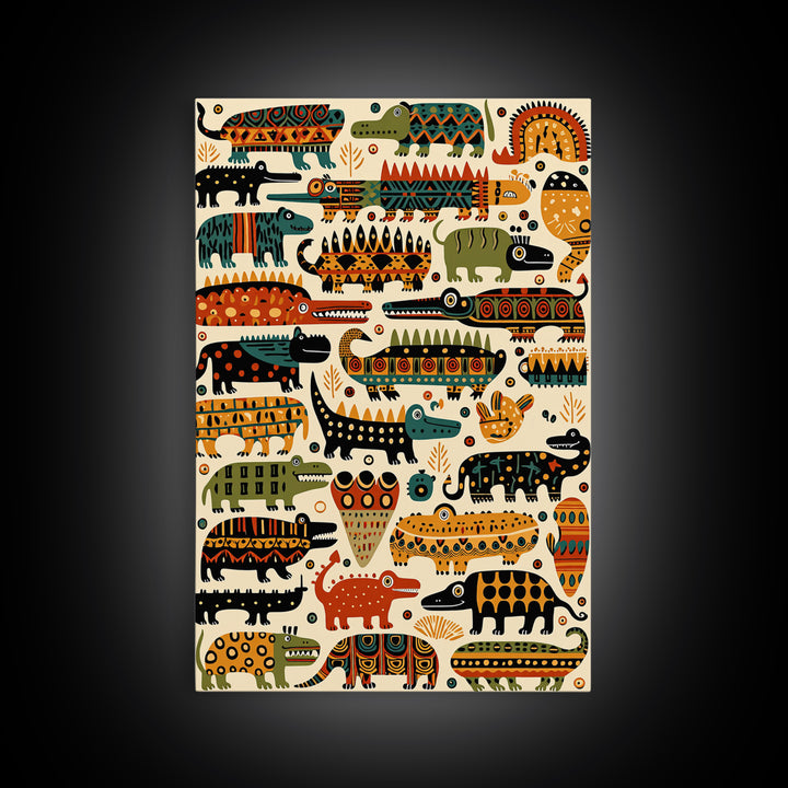 Whimsical Crocodile Pattern Canvas Print, Colorful African Animal Art, Kids Room Wall Decor, Tribal Safari Nursery Art Gift