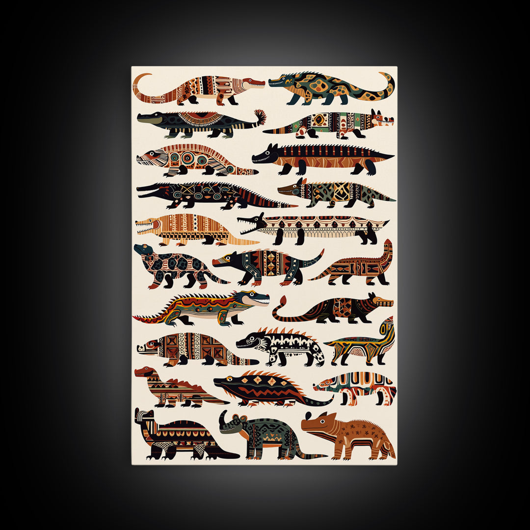 Tribal Crocodile Collection Canvas Print, African Animal Art, Patterned Safari Wall Decor, Boho Kids Room Decor Gift For Him