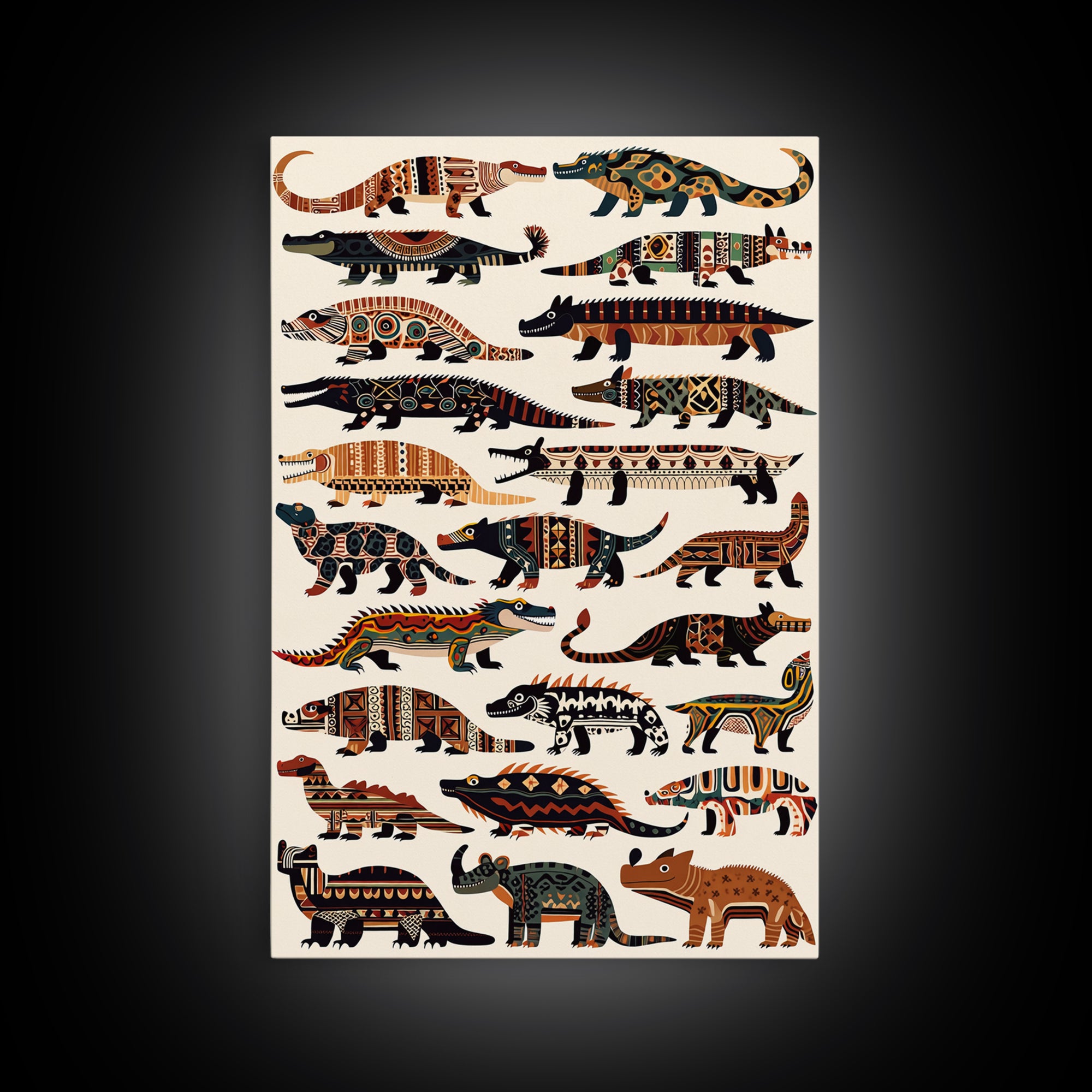 Tribal Crocodile Collection Canvas Print, African Animal Art, Patterned Safari Wall Decor, Boho Kids Room Decor Gift For Him