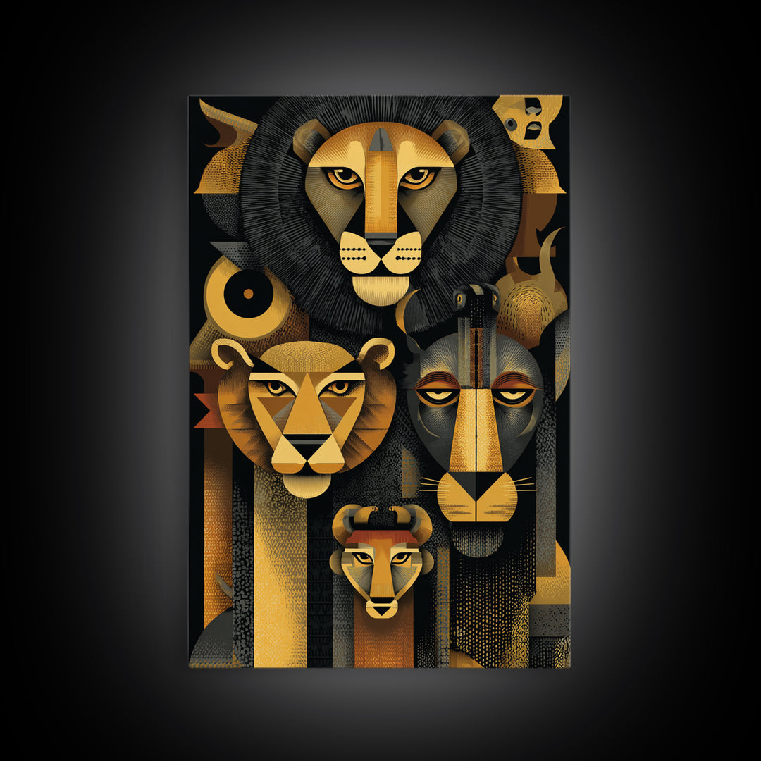 Black And Gold Lion Family Wall Art, Modern African Safari Art, Geometric Animal Portrait, Luxury Canvas Living Room Decor