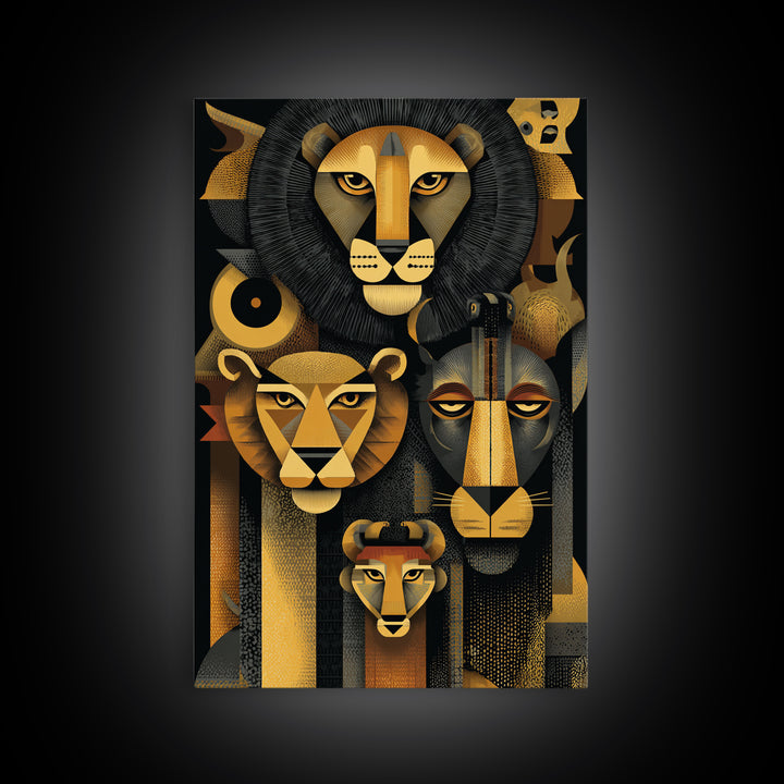 Black And Gold Lion Family Wall Art, Modern African Safari Art, Geometric Animal Portrait, Luxury Canvas Living Room Decor
