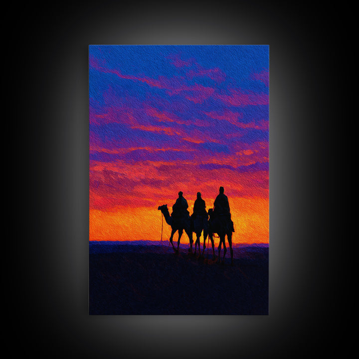 Camel Caravan At Sunset Wall Art, African Landscape Print, Desert Travel Decor, Boho Safari Canvas For Living Room Art Gift