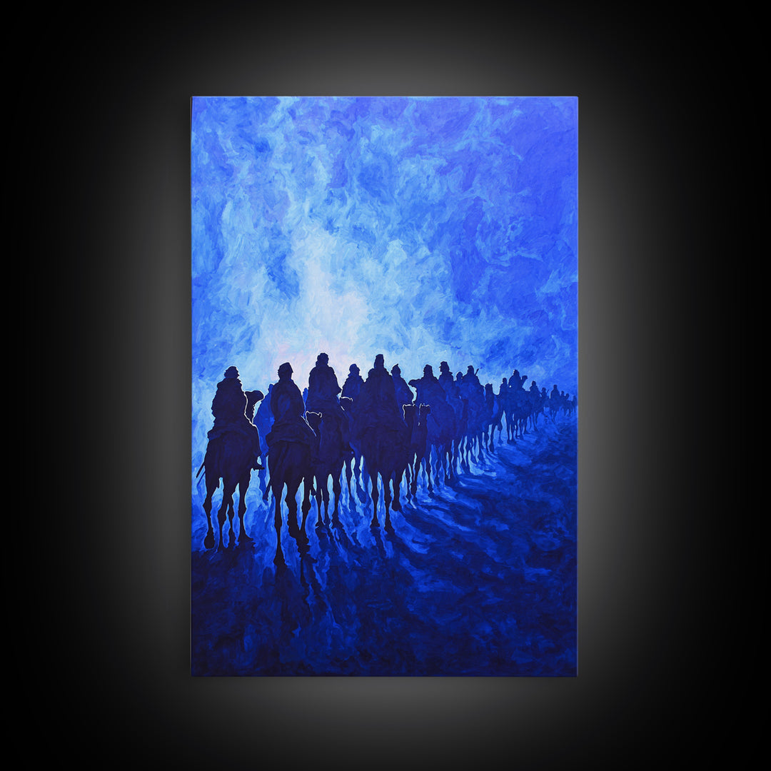 Blue Desert Horse Caravan Canvas Print, African Landscape Art, Sahara Travel Wall Decor, Dreamy Blue Painting For Living Room