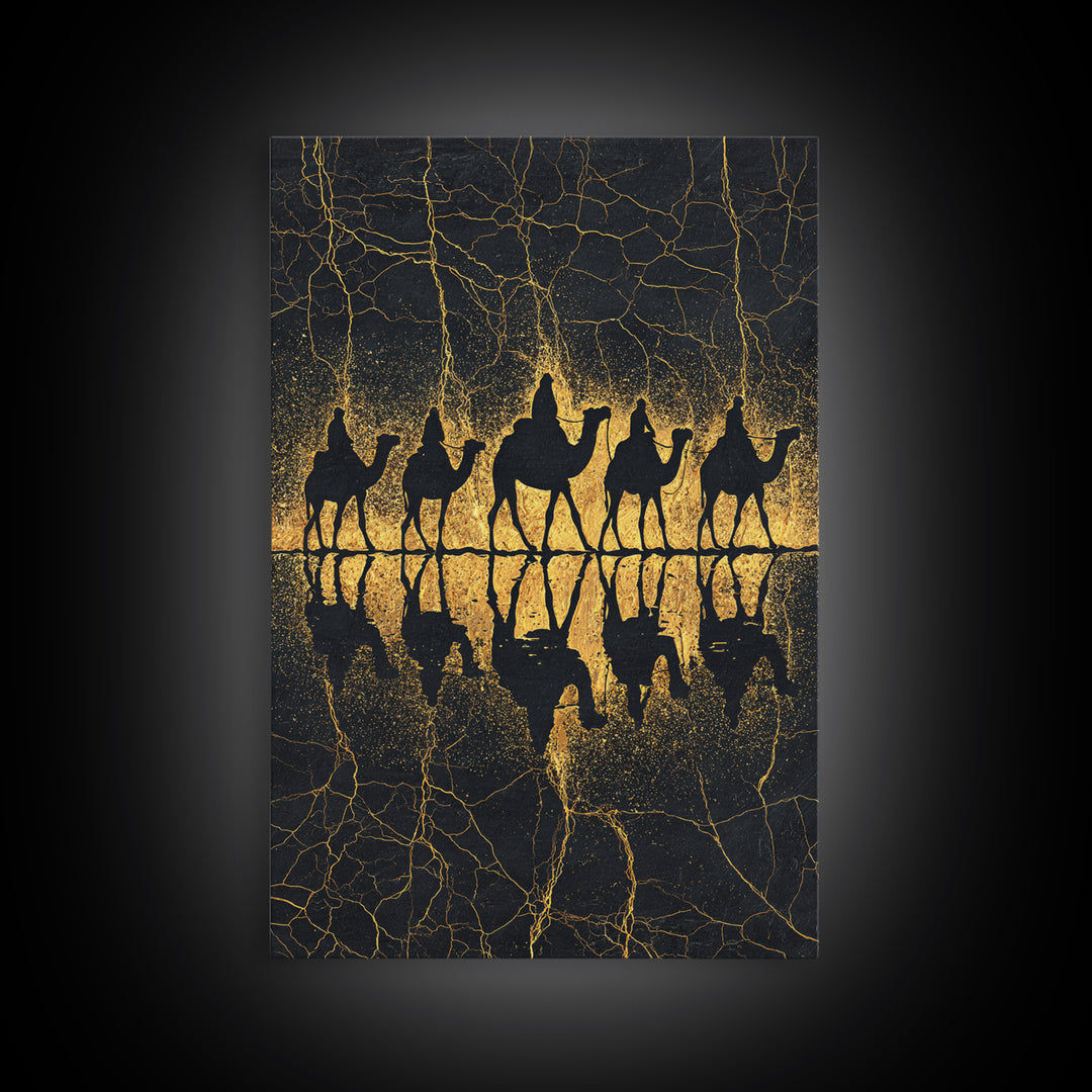 Gold Camel Caravan Reflection Wall Art, African Safari Art Print, Black Gold Desert Decor, Luxury Canvas For Living Room