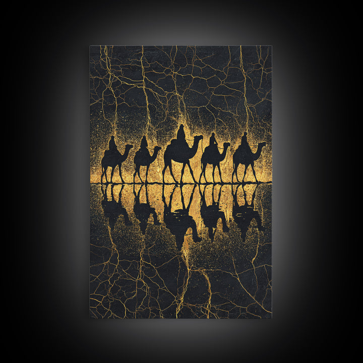 Gold Camel Caravan Reflection Wall Art, African Safari Art Print, Black Gold Desert Decor, Luxury Canvas For Living Room