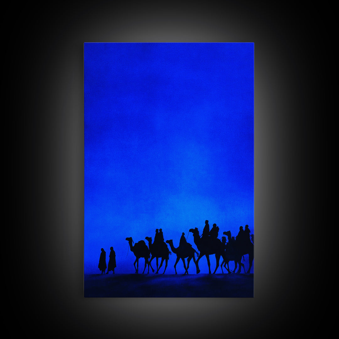 Blue Desert Camel Caravan Canvas Print, African Travel Poster, Modern Safari Wall Decor, Minimalist Blue Bedroom Art Gift