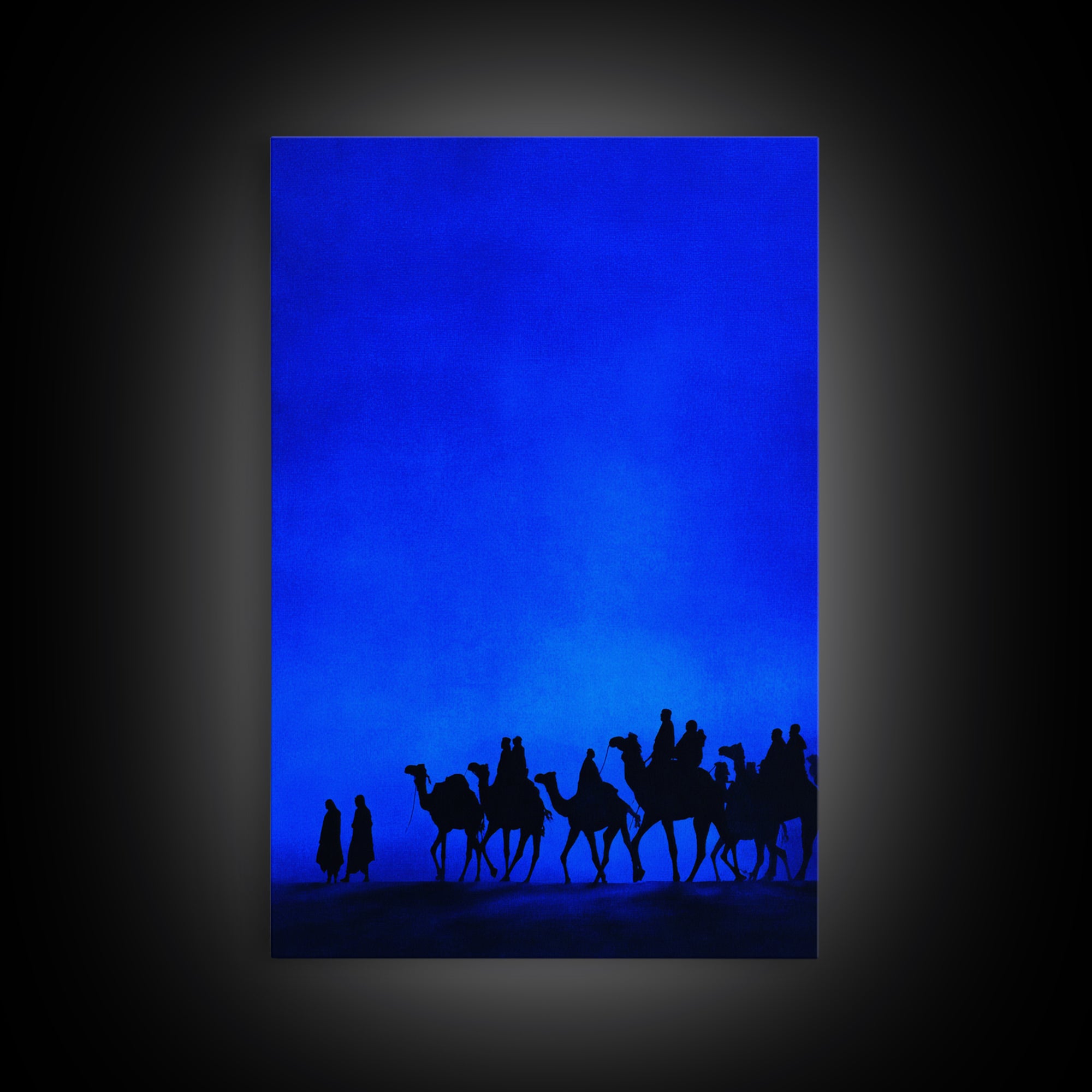 Blue Desert Camel Caravan Canvas Print, African Travel Poster, Modern Safari Wall Decor, Minimalist Blue Bedroom Art Gift