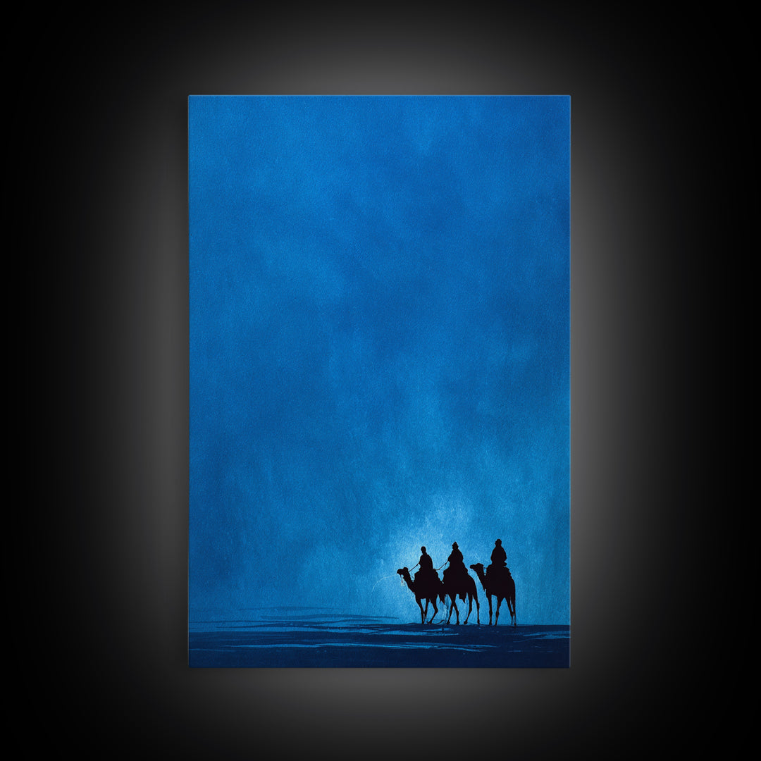Three Blue Camel Riders Wall Art, African Safari Art Print, Serene Desert Landscape, Modern Canvas Decor For Living Room