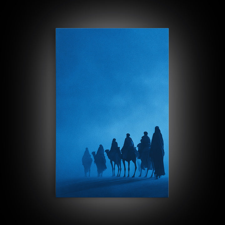 Misty Blue Tuareg Caravan Framed Canvas Print, African Travel Wall Art, Sahara Desert Decor, Boho Bedroom Artwork Gift For Home