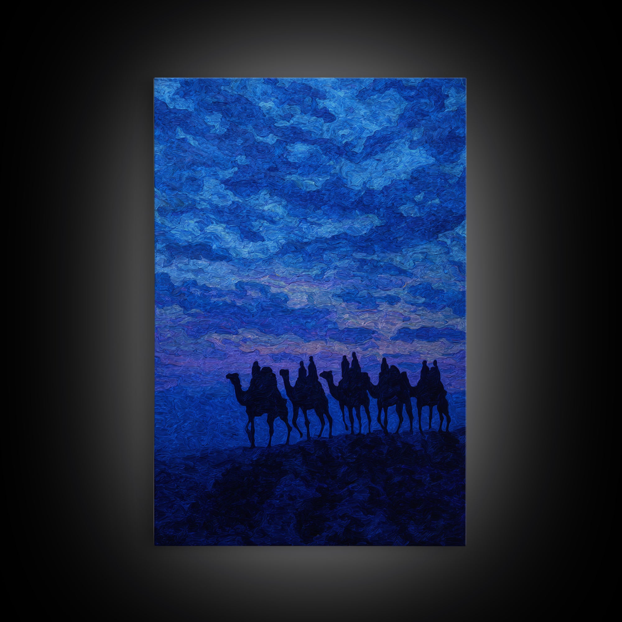 Textured Blue Camel Caravan Wall Art, African Painting Print, Dramatic Desert Sky Decor, Modern Canvas For Office Living Room