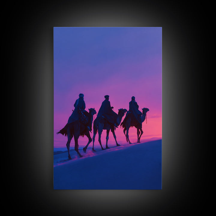 Purple Sunset Camel Riders Canvas Print, African Safari Wall Art, Boho Desert Landscape Decor, Dreamy Bedroom Gift For Her