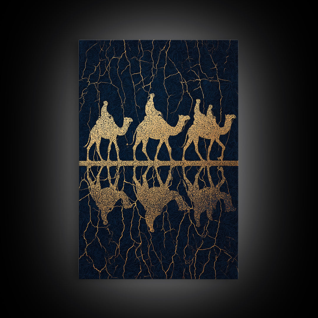 Gold Camel Trio Reflection Framed Canvas Print, African Safari Art, Black Gold Wall Decor, Luxury Desert Statement Piece