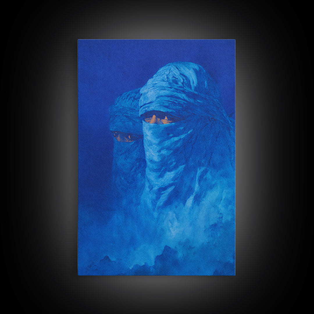 Blue Veiled Tuareg Portrait Wall Art, African Culture Art Print, Sahara Nomad Decor, Mystical Blue Canvas For Bedroom Gift