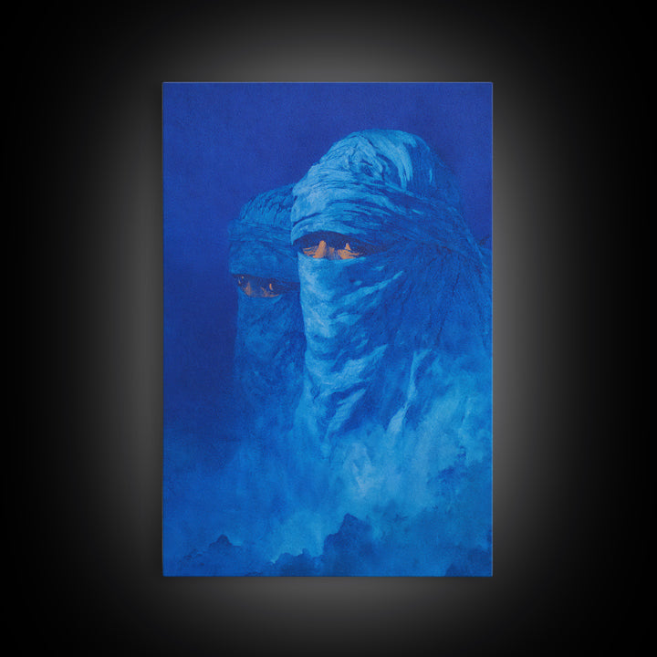 Blue Veiled Tuareg Portrait Wall Art, African Culture Art Print, Sahara Nomad Decor, Mystical Blue Canvas For Bedroom Gift