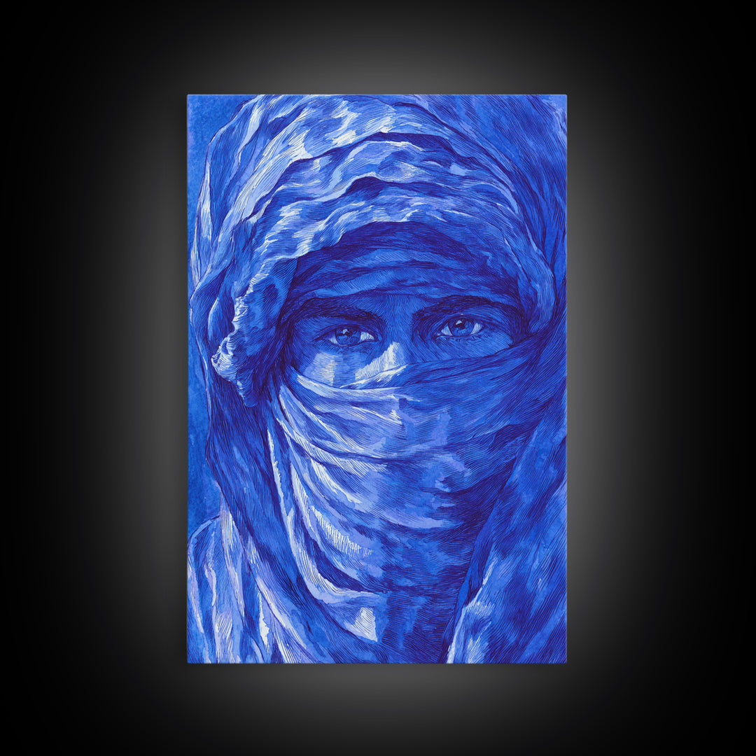 Blue Veiled Woman Portrait Canvas Print, African Woman Art, Sahara Travel Wall Decor, Elegant Cultural Home Decor Gift For Her