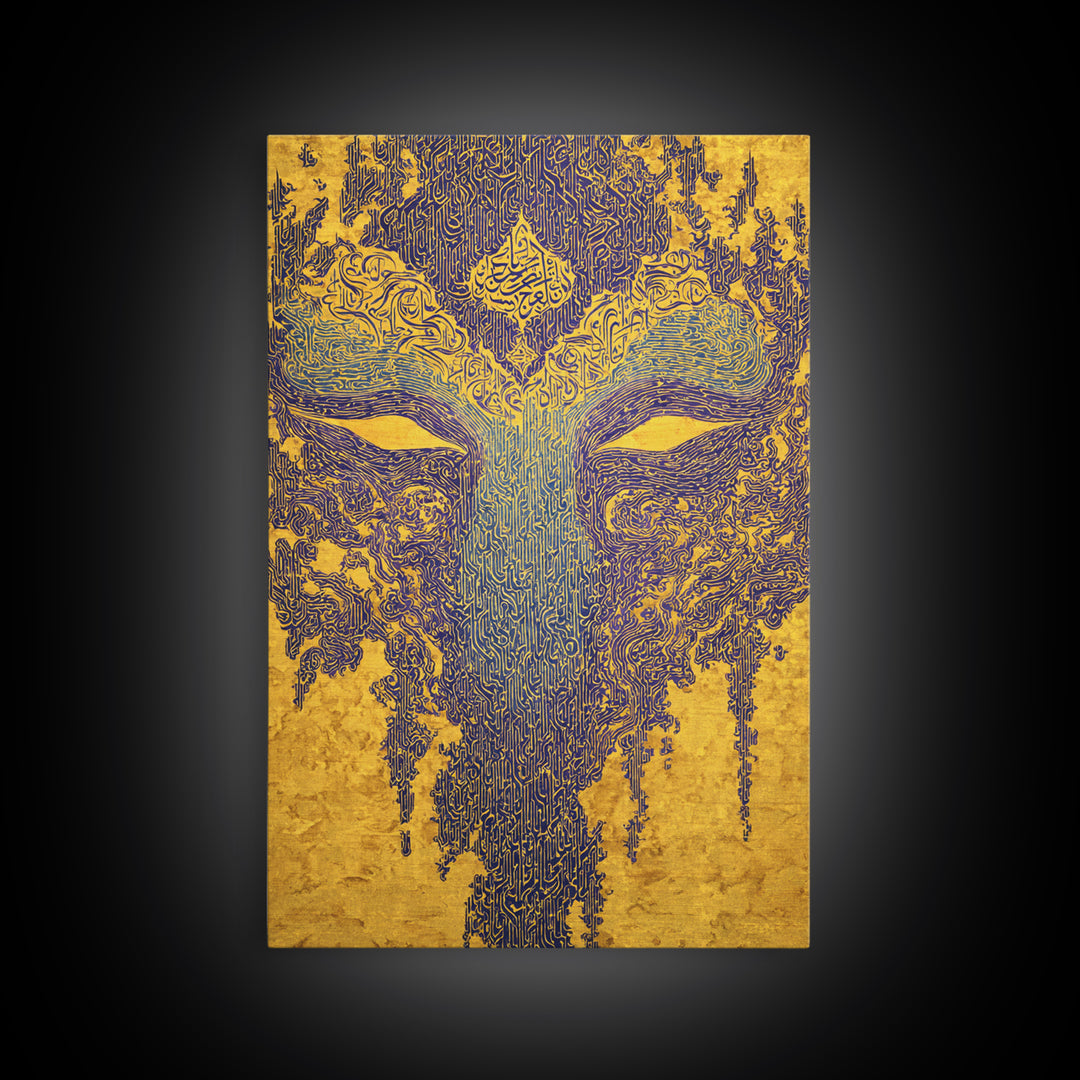 Ornate Blue Gold African Mask Wall Art, Abstract Tribal Art Print, Afrocentric Decor, Luxury Canvas Statement Piece For Home