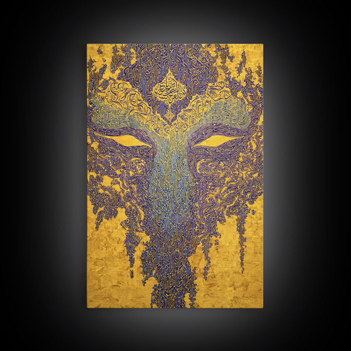 Ornate Blue Gold African Mask Wall Art, Abstract Tribal Art Print, Afrocentric Decor, Luxury Canvas Statement Piece For Home