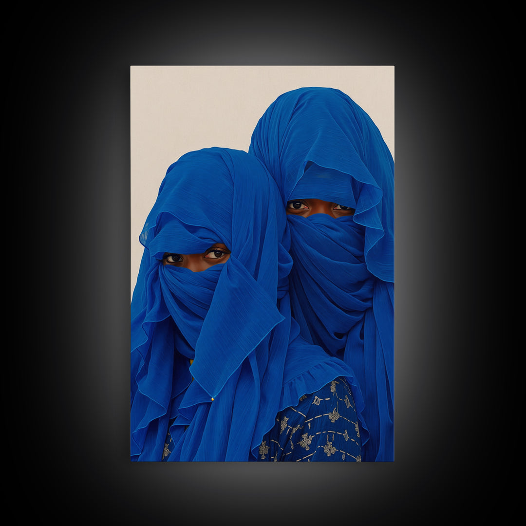 Two Blue Veiled African Women Portrait Wall Art, African Women Art, Afrocentric Decor, Indigo Fashion Canvas Print For Home