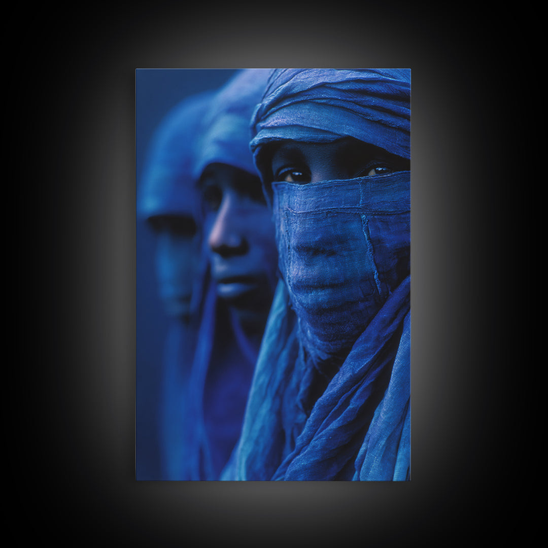 Blue Desert Nomad Figures Canvas Print, African Portrait Wall Art, Tuareg Inspired Indigo Decor, Mystical Afrocentric Gift