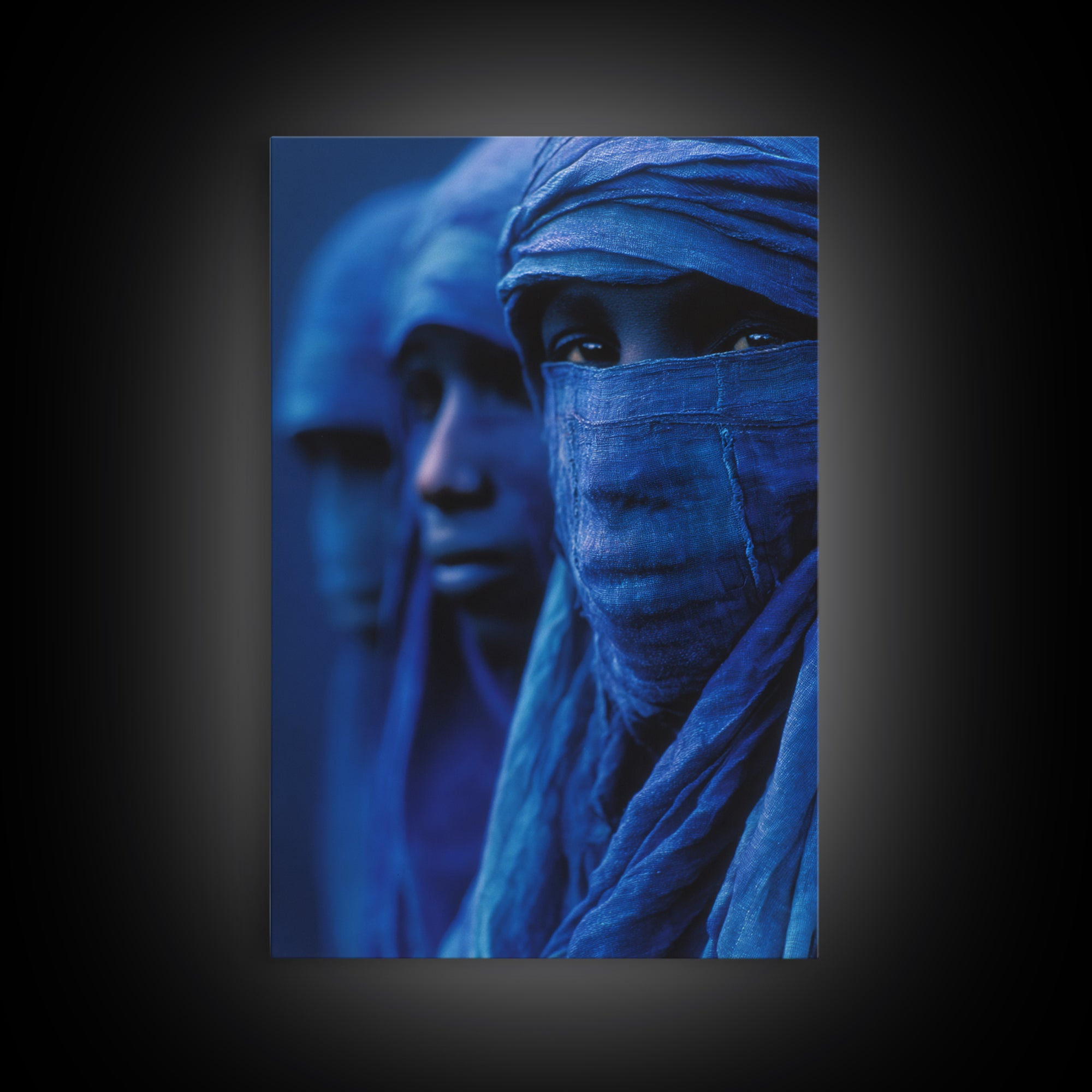 Blue Desert Nomad Figures Canvas Print, African Portrait Wall Art, Tuareg Inspired Indigo Decor, Mystical Afrocentric Gift