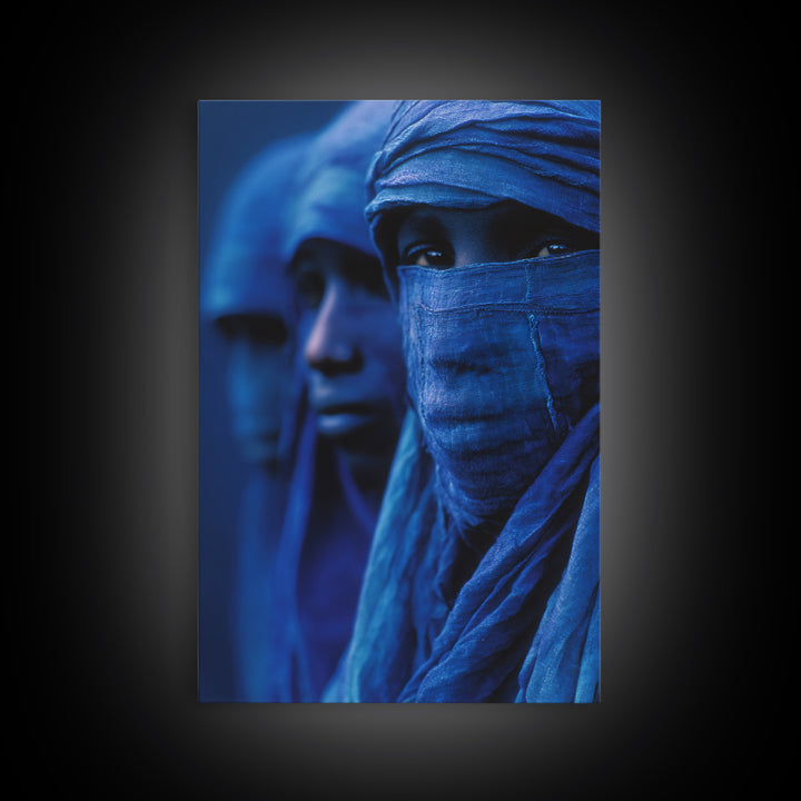Blue Desert Nomad Figures Canvas Print, African Portrait Wall Art, Tuareg Inspired Indigo Decor, Mystical Afrocentric Gift