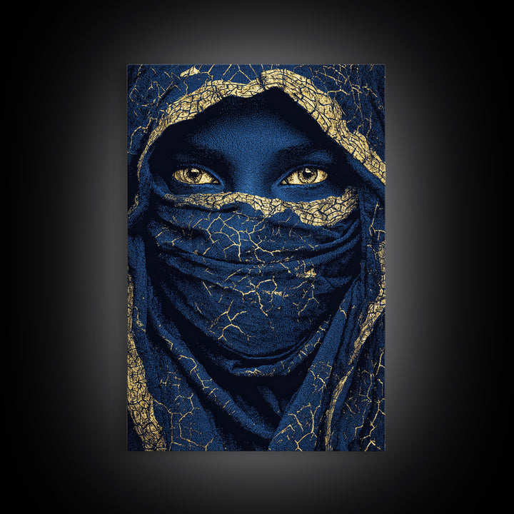 Gold Cracked Indigo Veiled Woman Framed Canvas Print, African Woman Art, Black Goddess Art, Luxury Afrocentric Wall Decor