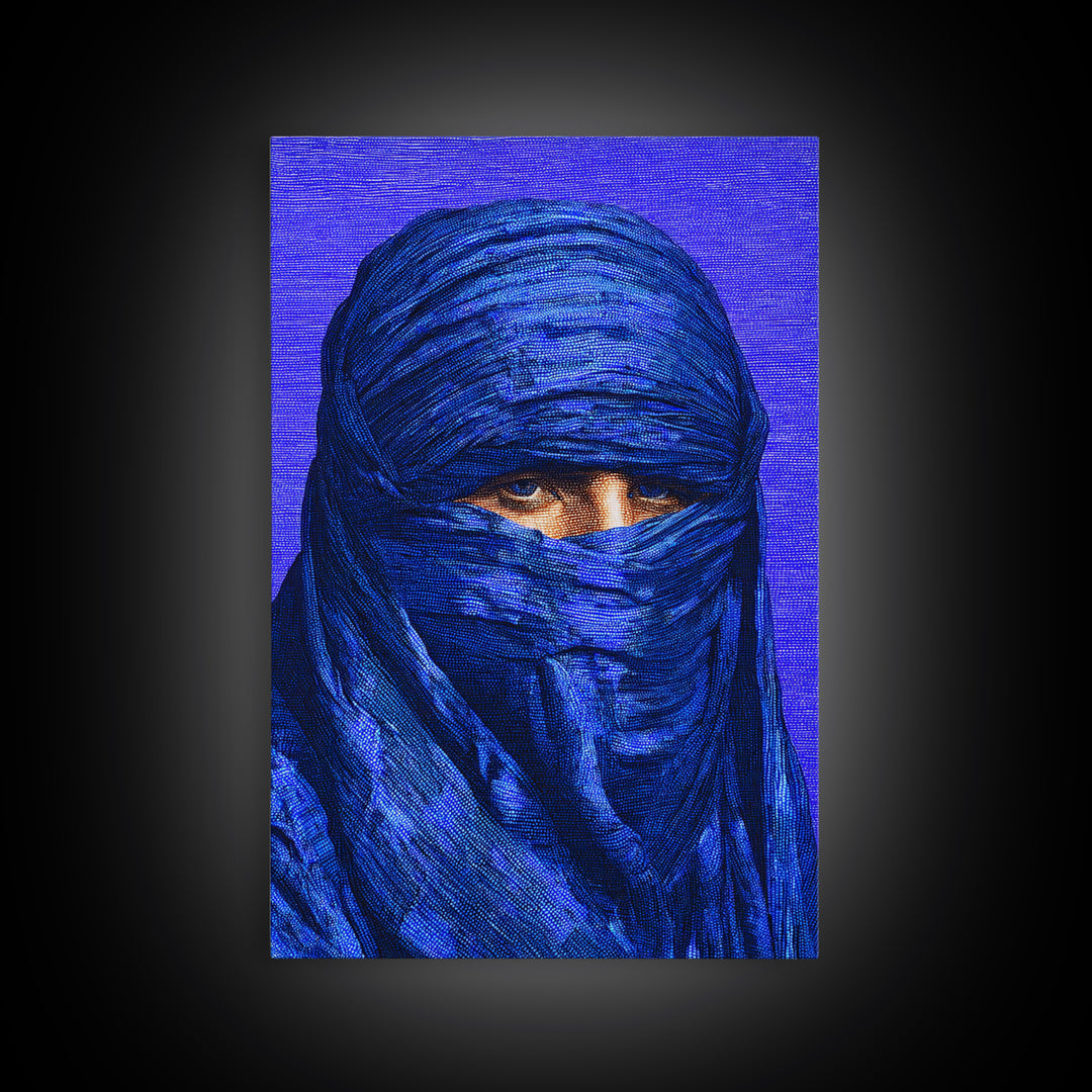 Electric Blue Turban Portrait Wall Art, African Portrait, Indigo Textile Art, Modern Afrocentric Canvas Print Bedroom Decor