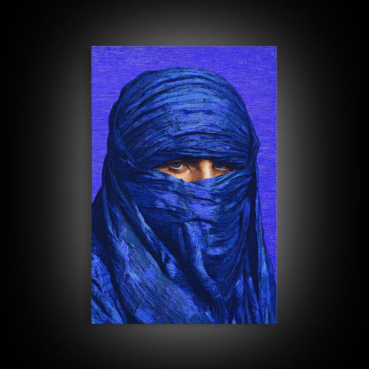 Electric Blue Turban Portrait Wall Art, African Portrait, Indigo Textile Art, Modern Afrocentric Canvas Print Bedroom Decor