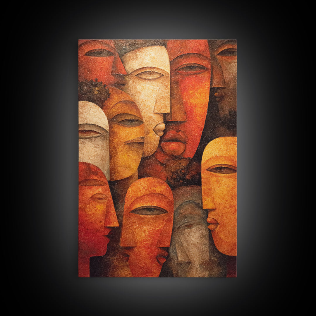 Layered African Mask Faces Wall Art, African Tribal Art, African Mask Art, Terracotta Abstract Canvas Print Cultural Decor