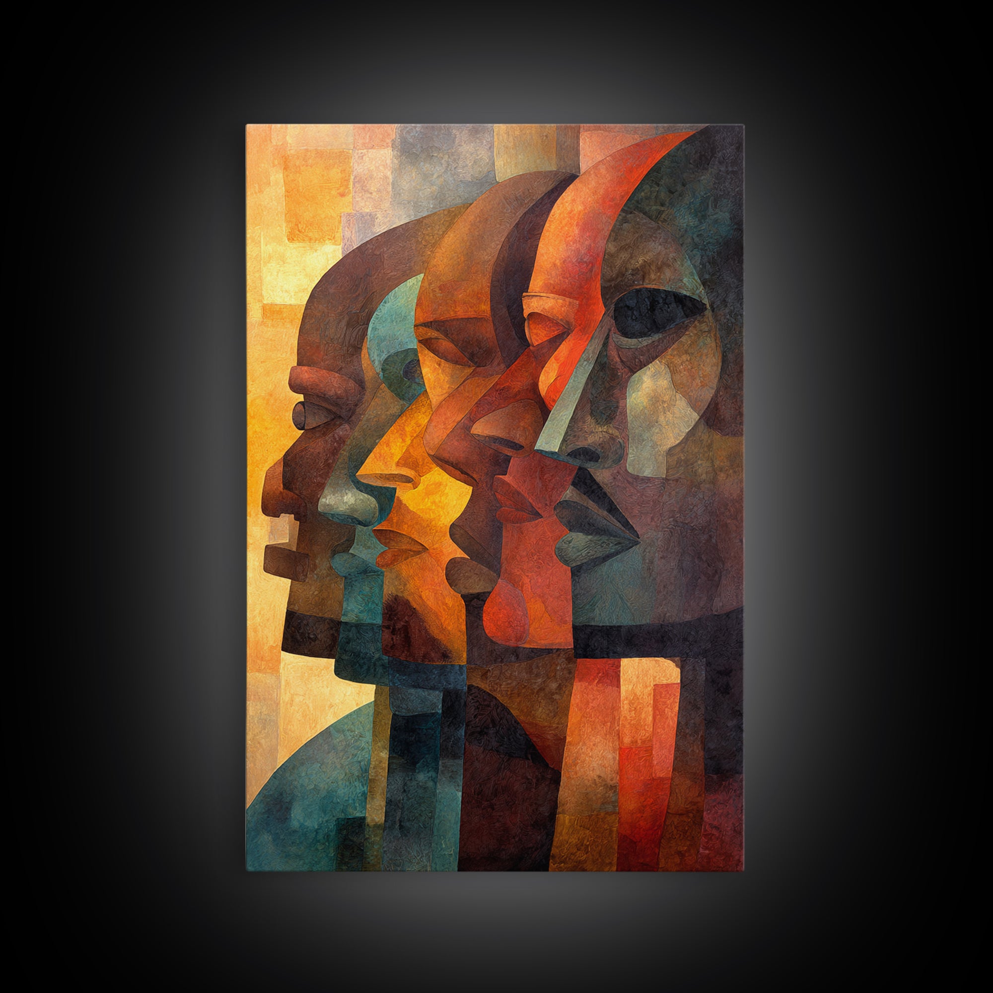 Cubist African Profiles Wall Art, Abstract African Art, Geometric Portrait, Modern Afrocentric Canvas Print Living Room Decor